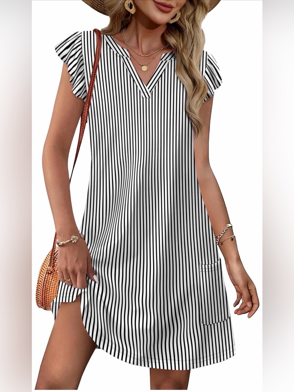 🆕 Casual Ruffle Sleeve V Neck Loose Swing Sundresses with Pockets Plain/Print